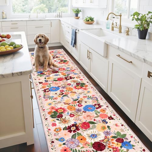 Pink/Beige Floral Hallway Runner Carpet Non-Slip, 2x10 Washable Rug Ultra-Thin