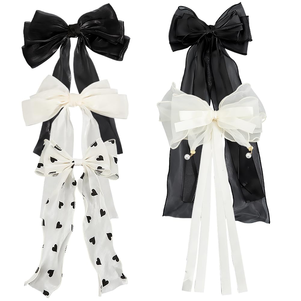 Barrettes à cheveux en ruban de gaze et tulle : lot de 5 pinces noires et blanches pour femme