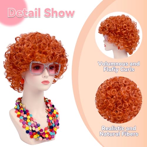 Image of Women Roper Curly Orange Red Cosplay Wig with Necklace Earrings and Sunglasses for Women Hallween Costume Wig