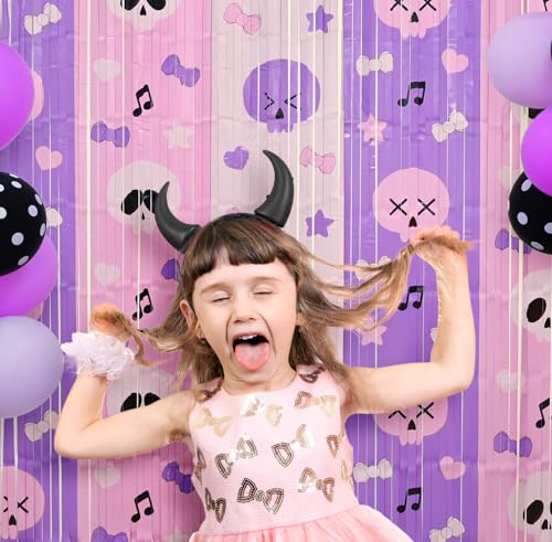 Image of Bupelo Kawaii Birthday Decorations, 2 Pack Purple and Light Pink Birthday Party Supplies 3.3 x 6.6ft Tinsel Foil Fringe Curtains Photo Booth Props Backdrop Streamers, Dark Cute House Room Decor