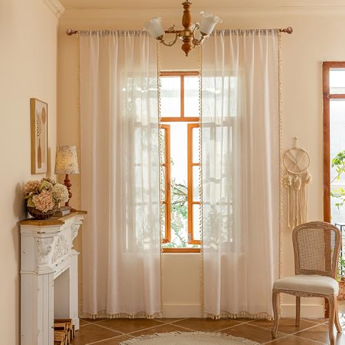 Image of MYSKY HOME Boho Cream Curtains with Macrame 72 Inch Length, Semi Sheer Drapes for Living Room Privacy Protect Rustic Farmhouse Style Back Tab for Doorways, 50 inch x 72 inch, Natural,2 Panels