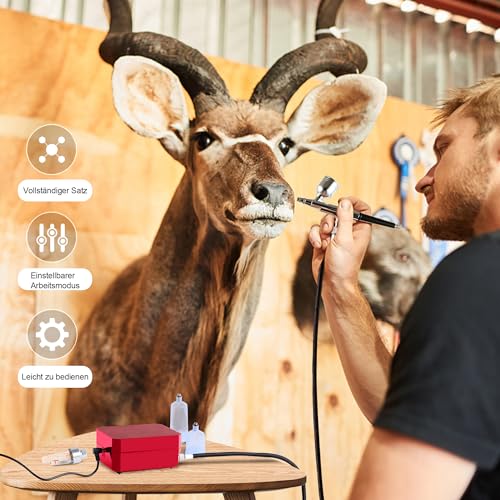 Powate 40PSI Airbrush Set Kompressor Dual Action 3 Modi 0,3/0,3/0,5mm Düse 9CC Tasse Airbrush Pistole für Makeup, Kunsthandwerk, Nageldesign, Tattoo-Modellierung, Malerei, Rot