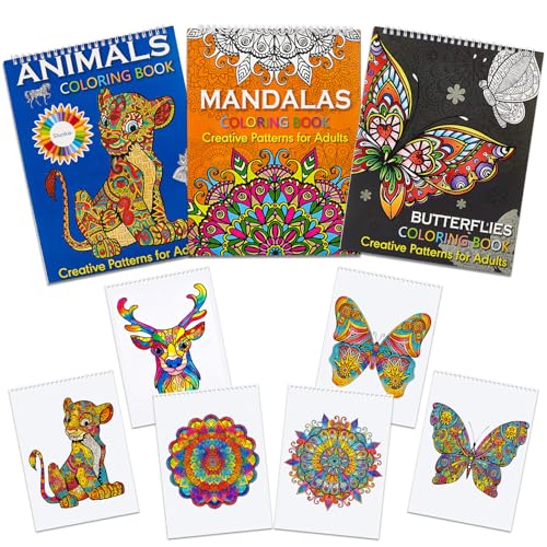 PIWOSGOL 3 Pezzi Libro Da Colorare Per Adulti Kit, Album Da Colorare Per Adulti, 60 Motivi: Mandala, Animali e Farfalle, Libro Da Colorare Antistress e Rilassante