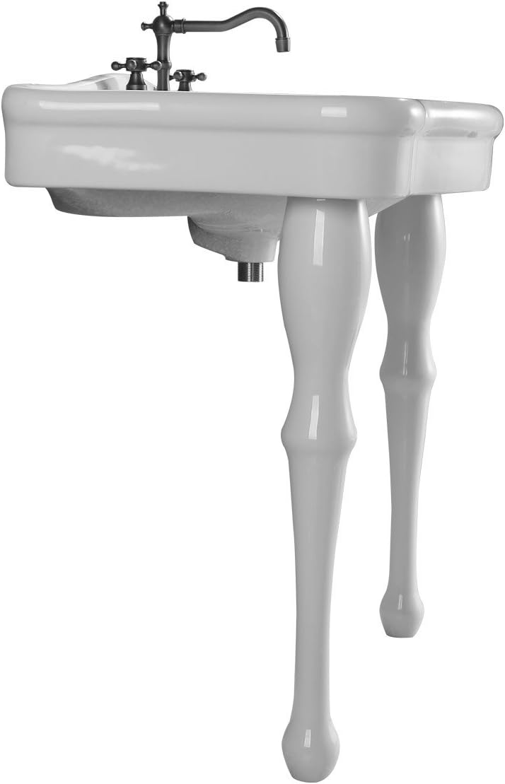 Renovators Supply Manufacturing Jasmine White Wall Mount Console Bathroom Sink 32.5" Wide Porcelain Sink with Spindle Pedestal Legs, Overflow, 8" Widespread Faucet Holes, Heavy Duty