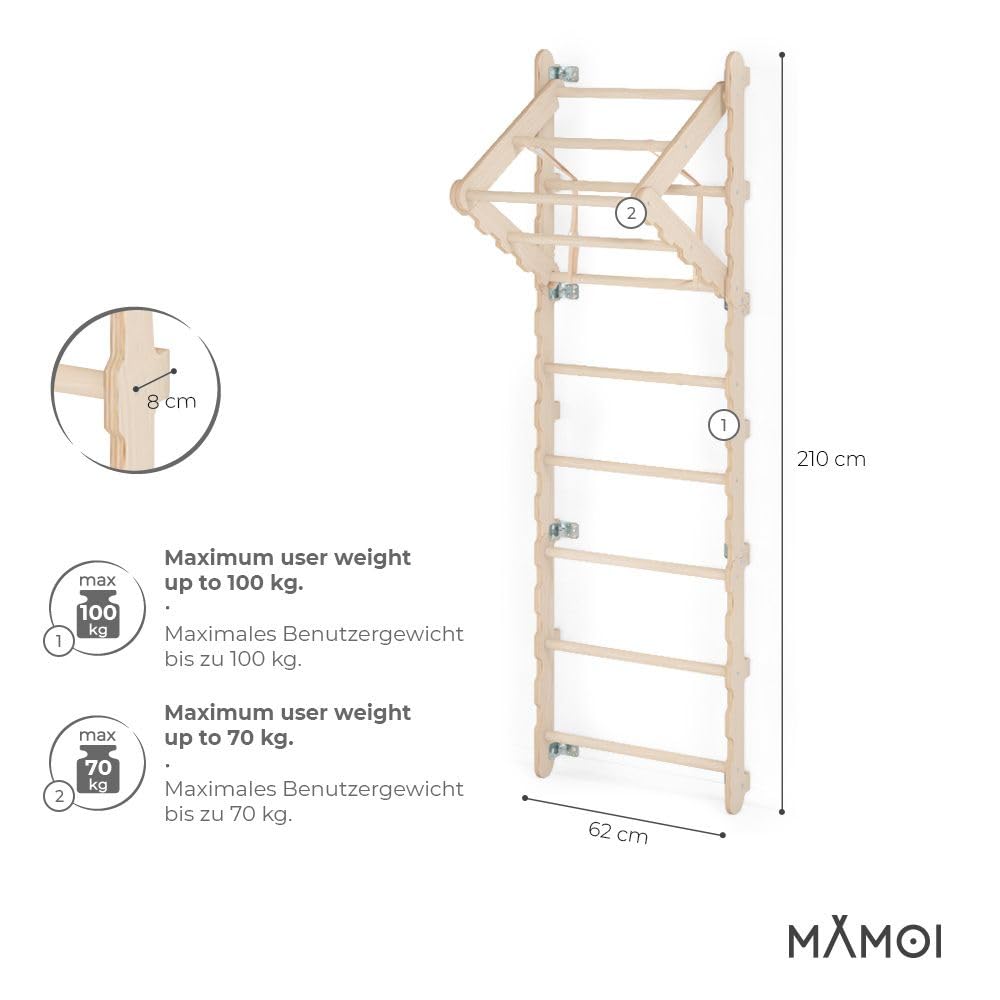 MAMOI® Spalliera Svedese, Parete Arrampicata per Palestra, Spalliera in Legno Naturale per Uso Interno, Parallele Ginnastica Artistica da Casa