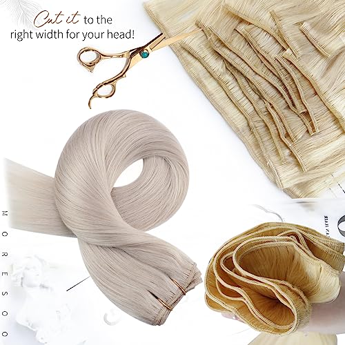 Moresoo Weft Hair Extensions Real Human Hair White Blonde Hair Weft Real Human Hair Extensions Blonde Remy Straight 24 Inch 100G #60A - Image 4