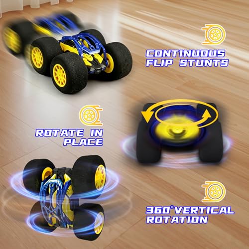 Image of pinkking Indoor RC Car Stunt Remote Control Car Toys with Soft Wheels RC Cars for Kids with LED Headlight & Sponge Tires Crazy Stunts 360 Flips Double Sided Vehicle 2.4GHz RC for Boys Girls Gift