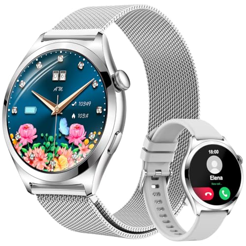 Fitonme Smartwatch Damen Rund mit Anruffunktion, 1,27' HD Smart Watch mit SpO2 Herzfrequenz Schlafüberwachung, Wasserdicht Fitnessuhr Damen, 120+ Sportmodi Fitness Tracker Android iOS (Silber)