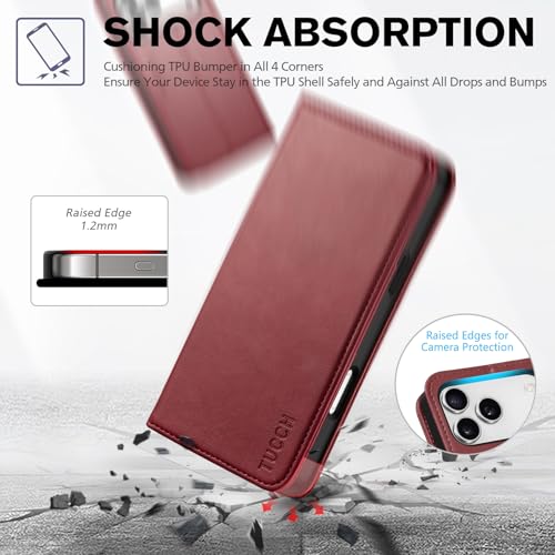 TUCCH Case Wallet for iPhone 17 Pro Max 6.9" 5G, PU Leather Flip Stand Folio Cover | RFID Blocking| 3 Credit Card Slot | Shockproof | Soft TPU Interior Shell 2025, Deep Red by TUCCH - Used condition - Image 6