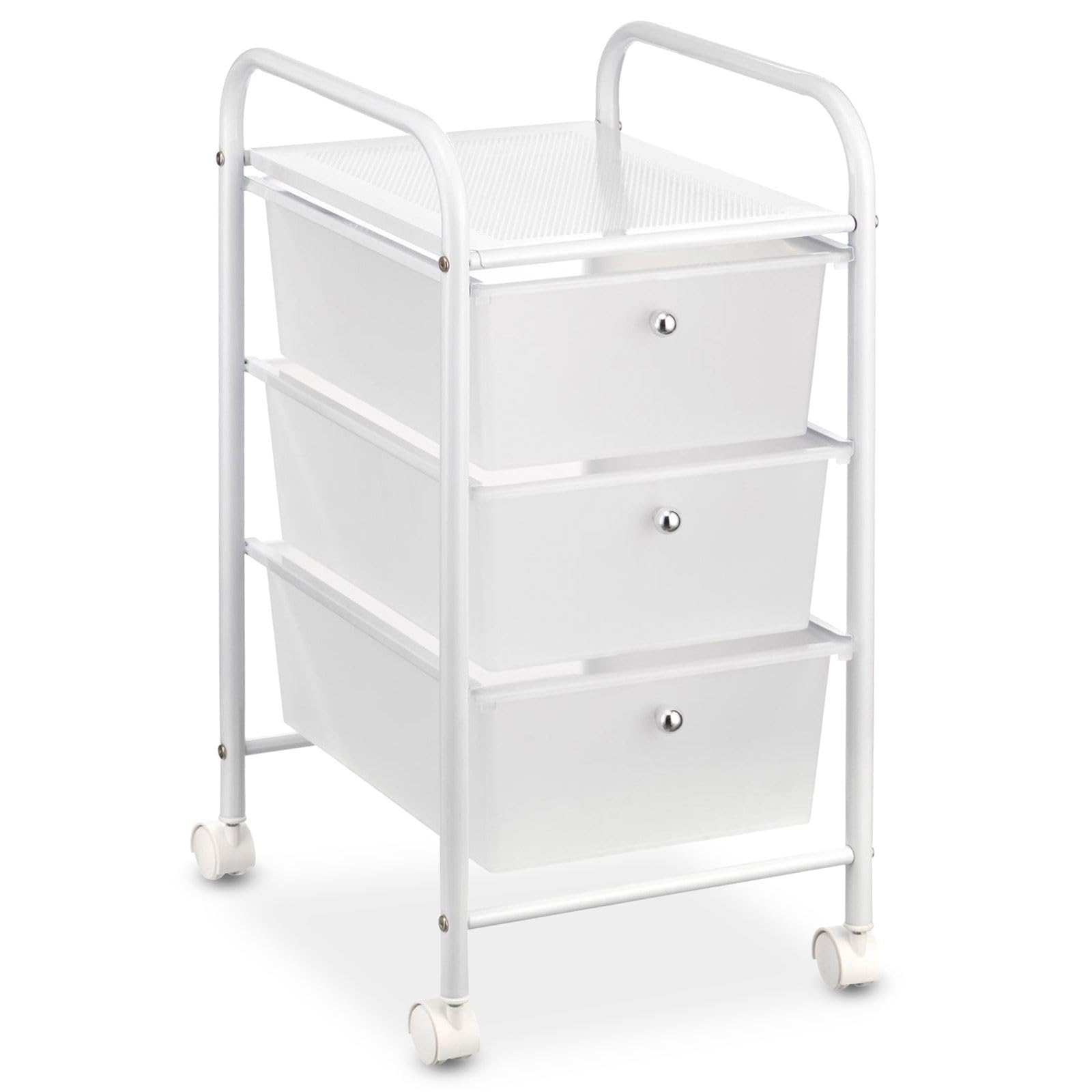 IDIMEX Caisson sur roulettes GINA Chariot avec 3 tiroirs en Plastique Blanc Transparent et 1 étagère, Meuble de Rangement pour Salle de Bain en métal laqué Blanc