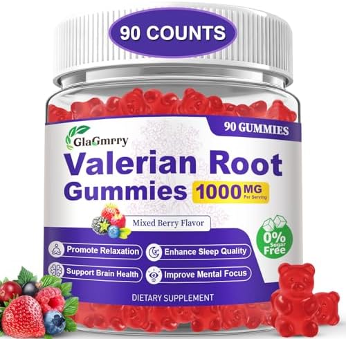 1000MG Valerian Root Gummies with Melatonin & L-Theanine, Natural Valerian Root Extract Supplements for Deep Zzz, Relaxation & Calming, Mixed Berry Flavor, Sugar Free, Non-GMO (90 Count)