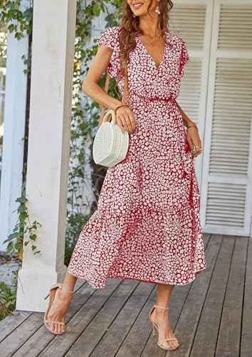PRETTYGARDEN Women's Summer Floral Boho Maxi Dress Wrap Short Sleeve V Neck Ruffle A-Line Flowy Wedding Guest Long Dresses