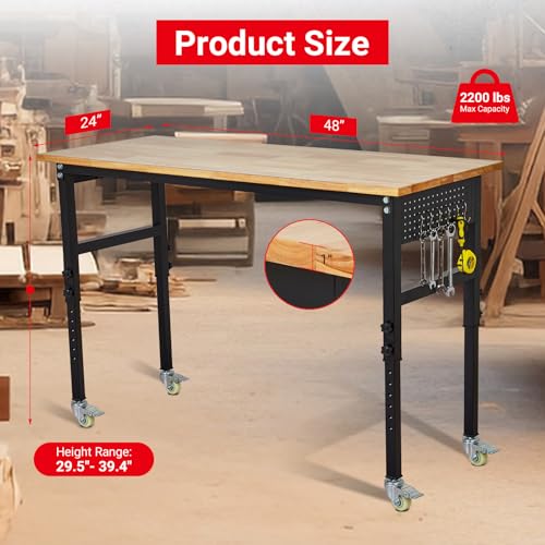 48" x 24" Workbench, MERXENG Rubber Wood Top Heavy Duty Work Bench with Scales, Pegboard, 6 Hooks, 2200 LBS Load Capacity, 8 Adjustment Height Work Table for Garage, Workshop, Office, Home, Wheels