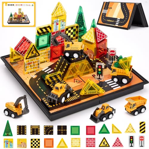 hahaland Mini Magnetic Tiles Travel Construction Toys with Engineering Cars