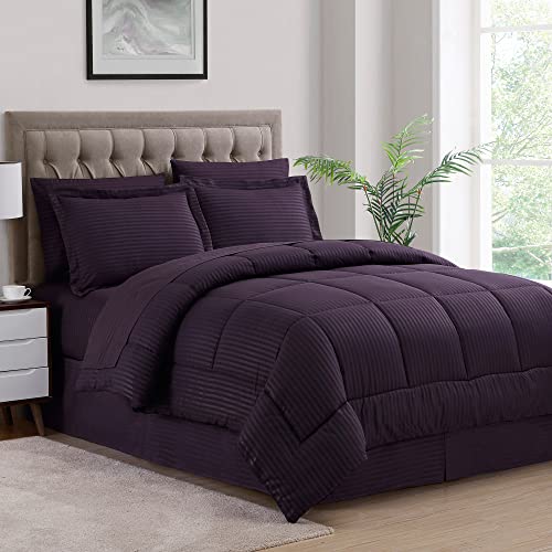 Image of Sweet Home Collection 8 Piece Comforter Set Bag Stripe Design, Bed Sheets, 2 Pillowcases, 2 Shams Down Alternative All Season Warmth, King, Dobby Purple