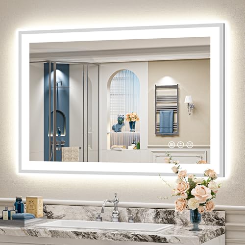Image of 44x30 Brushed Nickel LED Bathroom Mirror with Lights, Backlit & Front-Lit, Anti-Fog, Framed Lighted Vanity Mirrors for Bathroom Wall, Dimmable, 3 Colors, Memory, Shatter-Proof, Tempered Glass