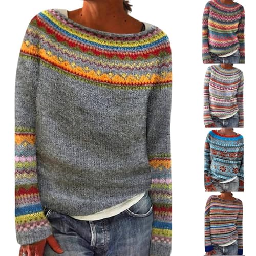 Fairisle - Suéteres de Navidad de gran tamaño para mujer, suéteres de punto nórdico, islandés, noruegos, gruesos, cálidos, vintage, gráficos, de manga larga, blanco, 3XL