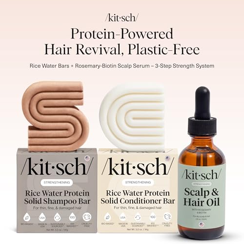 Image of Kitsch Rice Water Shampoo and Conditioner Set + Pre-Wash Scalp Serum with Rosemary and Biotin - Shampoo and Conditioner Bar for Hair Growth & Scalp Nourishment Hair Care - 3pc Set