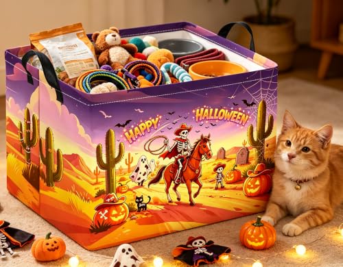 Image of Rectangle Storage Basket with Handles,Collapsible Storage Bin,Books Box,Gift Basket(Cowboy Halloween)