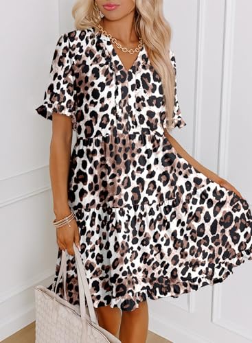 Image of Dokotoo Womens Summer Dresses 2026 V Neck A Line Short Sleeve Casual Ruffle Babydoll Mini Dress