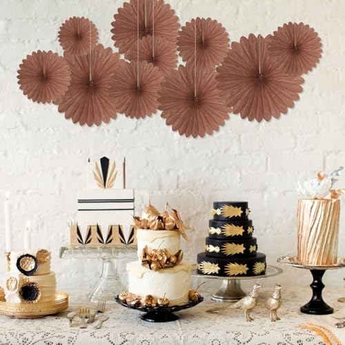 Image of 20 Pcs Deep Brown Hanging Paper Fan, Hanging Honeycomb Round Paper Fans for Weddings, Birthdays, Christmas, Baby Showers, Classroom, Events Ceiling Party Supplies Decorations