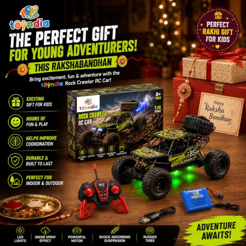 Image of Rock Crawler RC Car with Smoke Spray & LED Lights,Rechargeable Remote Control, High-Speed Off-Road Climbing Car with 5-Function, USB Charging,Toy Car for Kids, (Random Colour as Per Stock)