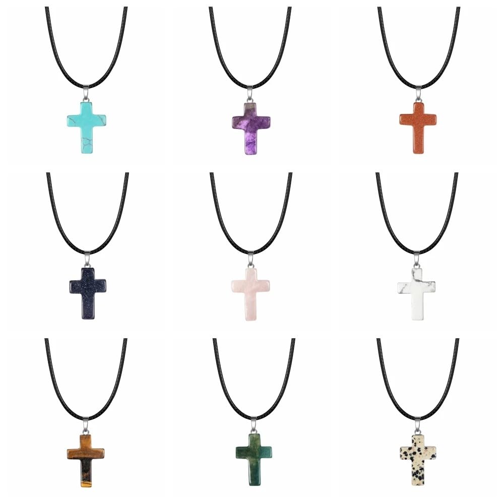 Girls Accessories Collana con Piccola Croce da Donna in Argento Sterling 925, Collana con Ciondolo Croce in Pietra Naturale da Donna Uomo da 18 Pollici con Cordoncino in Pelle Nera e Cristallo