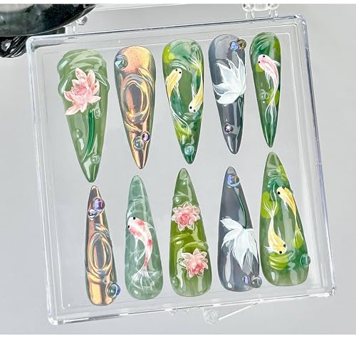Koi Fish Nail Art by HudiNails,Japanese Pond Acrylic Nails,Water Garden Nail Art,Zen Inspired Fake Nails,Nature Aesthetic