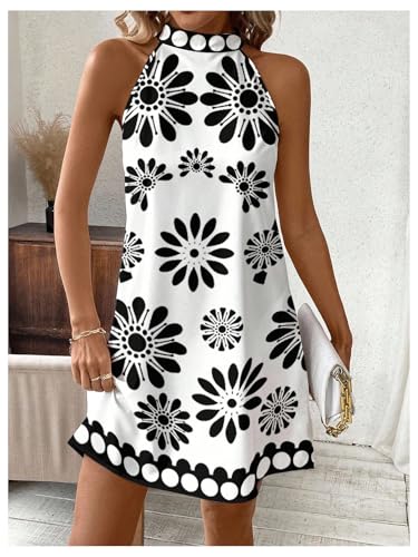 Image of Floerns Women's Sleeveless Floral Print Sundress Halter Neck A Line Short Dress