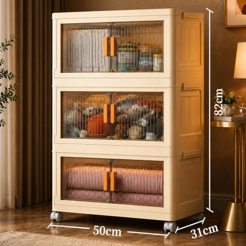 Image of BAMEOS ๐ ๐๐๐๐ Plastic Rack for Storage Cabinet with Wheels | Multipurpose Collapsible Almirah Wardrobe for Clothes, Kitchen Cupboard | Plastic Organizer with Magnetic Transparent Doors - WHITE