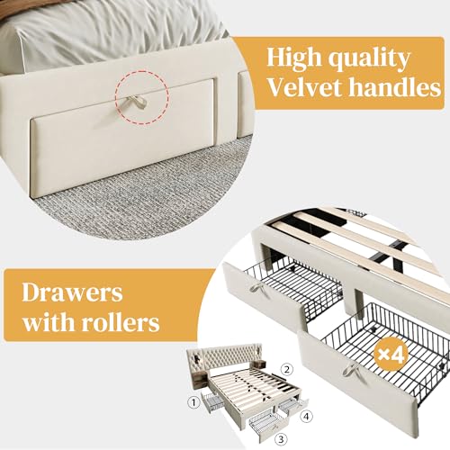 ZIDEY Bett mit Nachttischen, Schlafzimmer Komplett Set 180x200 Polsterbett mit LED&USB&4 Schubladen, Doppelbett Stauraumbett Bettgestell mit Lattenrost, Samt, Ohne Matratze,Beige