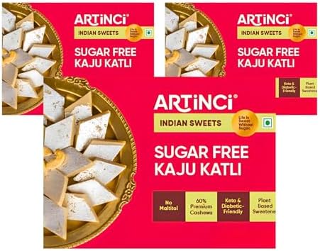 Artinci Sugar Free Kaju Katli (Pack of 3 x 160g) , Low carb, Keto Friendly, Pure, Tasty & Healthy Indian Sweets, Vegan Made with pure Cashew Nuts, Ideal for Special Occasion & Festivals, Sugarfree Mithai