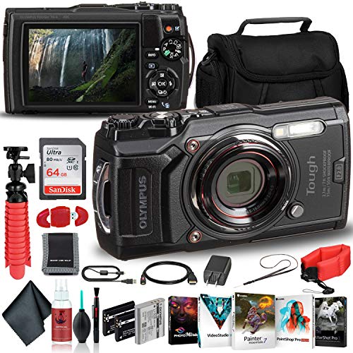 OM SYSTEM OLYMPUS Tough TG-6 Waterproof Camera (Black) - Adventure Bundle - with 2 Extra Batteries + Float Strap + Sandisk 64GB Ultra Memory Card + Padded Case + Tripod + Photo Software Suite + More