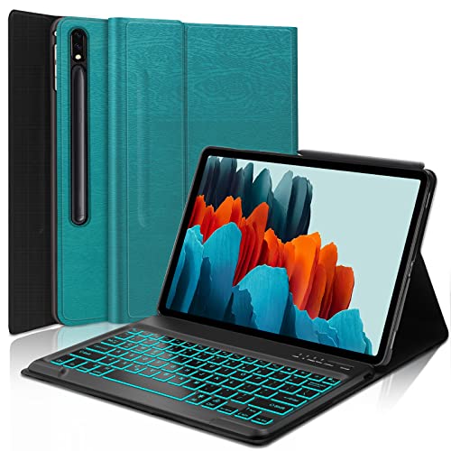 Oyosuogg Samsung Galaxy Tab S8 Plus/S7 Fe/S7 Plus 12.4” Keyboard Case, 7 Color Backlight Keyboard- Protective Stand Cover With Detachable Bluetooth Keyboard For Tab S7 Fe 2021/S7+ 2020/S8+ 2022-Green #TOP26