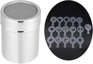 Wytrząsarka do proszku ze stali nierdzewnej, Wytrząsarka do cukru pudru z pokrywką z drobnej siatki, Puszki z wytrząsarką siatkową w proszku, 16 szt. Formy drukarskie Szablony do kawy (Silver)