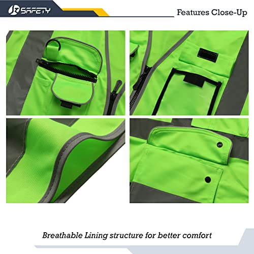 Image of JKSafety 9 Pockets Class 2 High Visibility Zipper Front Safety Vest With Reflective Strips, Meets ANSI /ISEA Standards (150-Green, XX-Large)