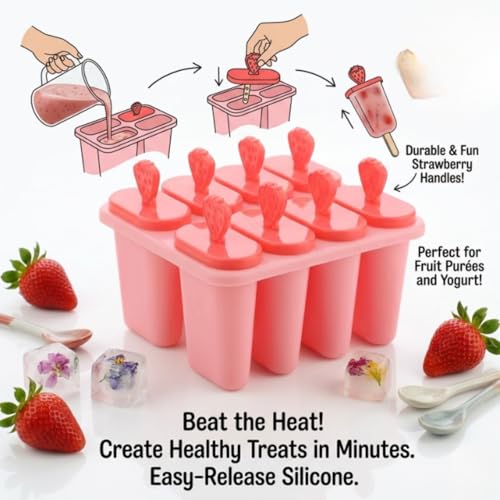 Image of BPA Free Ice Lolly and Kulfi Maker Set of 8 Reusable Popsicle Moulds Food Grade Plastic Ice Cream Popsicle Maker for Home Kitchen Multicolor (Coral Pink)