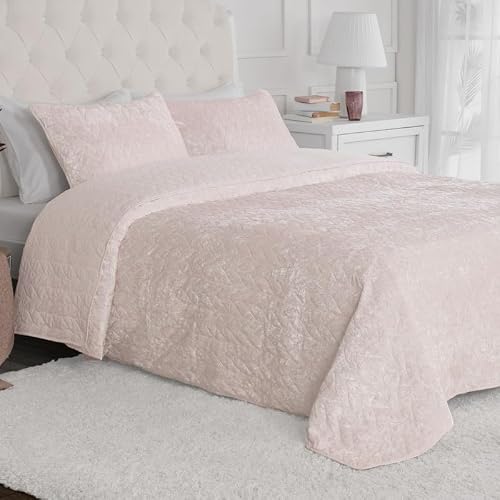 Mellanni Oversized Velvet Quilt Queen Size Set - Soft & Luxurious 3-Pc Quilt Set - Durable & Soft Bedding Velvet, Coverlet & Shams - Pinsonic Pattern Velvet Queen Quilt Set (Full/Queen, Blush Pink) #TOP8