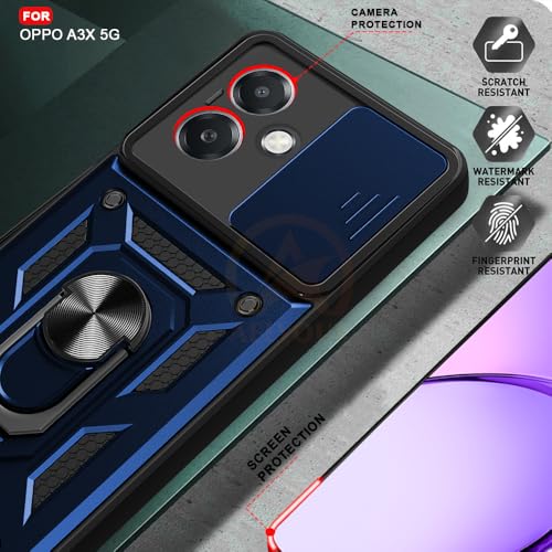 Image of Armor Bumper Back Cover Case for Oppo A3X 5G Rotating Camera Cover, Ring Holder & Kickstand | Heavy Duty & 360 Degree Protection Oppo A3X 5G Back Cover (Blue).