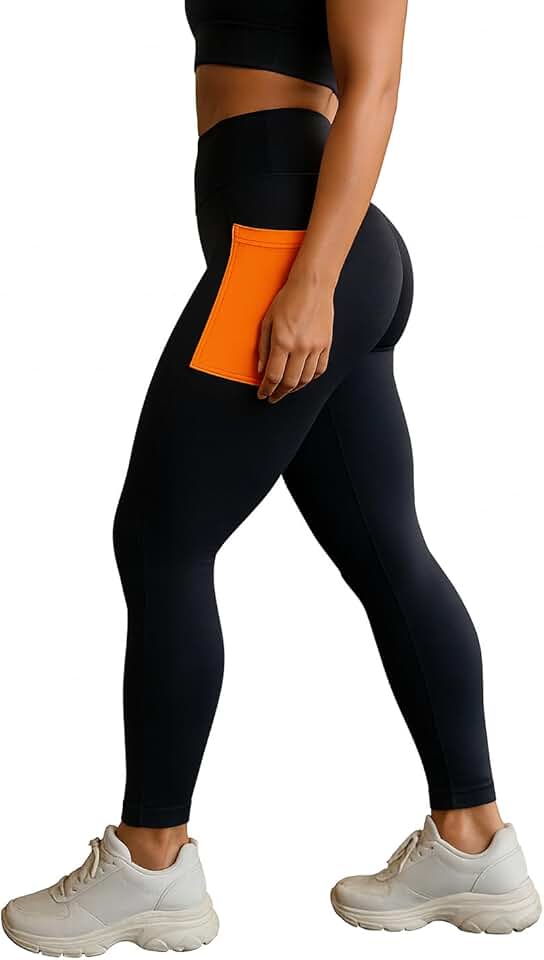 Legging Esportiva Feminina com Bolso Lateral, Alta Compressão, para Academia e Corrida Nao Fica Transparente (BR, Numérico, 42, Regular, Regular, Padrão, Preto-Laranja)