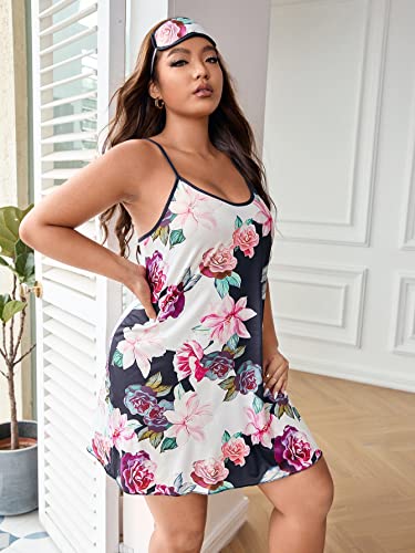 Wdirara Women's Plus Size Satin Nightgown Spaghetti Strap Graphic Cami Chemise Nightdress Floral Pink With Eye Cover 5Xl #TOP2