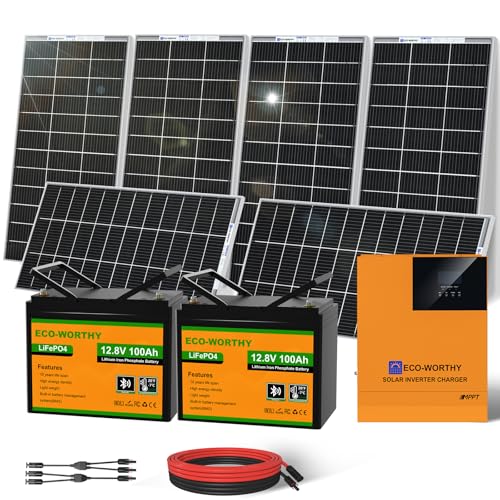 ECO-WORTHY Netzunabhängige Solaranlage, 6 x 195Wp Solarpanel + 2 x 100Ah LiFePO4-Akku +24V 3000W Hybrid Wechselrichter