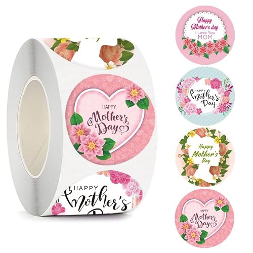 500PCS Happy Mother's Day Stickers, 4 Pattern Designs Mothers Day Stickers, Mothers Day Flower Stickers Mothers Day Gift Bag Decoration Stickers Party Favors for Card Making (1inch)