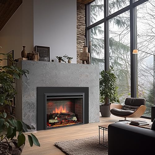 Image of PuraFlame Western 33 inch Electric Fireplace Insert with Trim Kit, Fire Crackling Sound, Resin Log, Remote Control, 750 /1500W Heater, Black