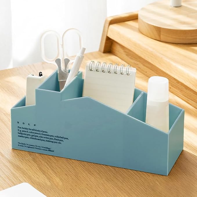 Multi-functional Desktop Storage Box, Finishing Plastic Desktop Organizer for Home and Office, Makeup Brushes, Stationery, Remote Controls, Cosmetic Storage Box (Blue)