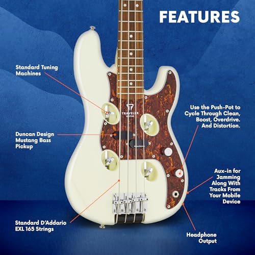 Traveler Guitar, 4-String Bass Guitar, Right, Pearl White, Medium (TB4P PW PF) - Image 3