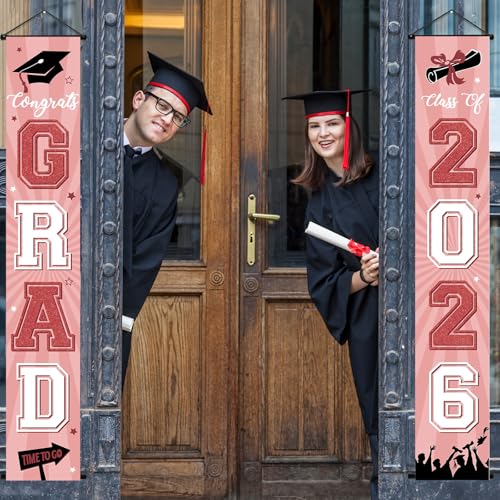Image of Graduation Banner 2026 Pink Graduation Decorations Grad Banner Porch Sign Class of 2026 Door Decor Congrats Hanging Backdrop Pink Gold White Grad Party Decor for School Congratulations Supplies