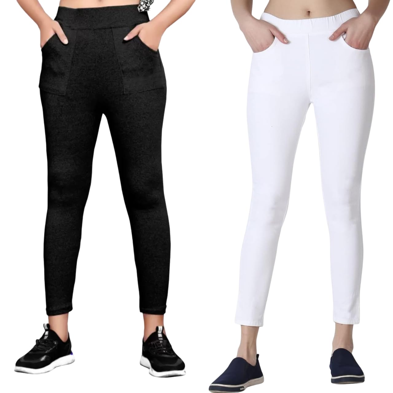 Smiley Fashion Women's Ankle Length Pocket Jeggings - Mid-Waist Stretchable Pants with Pockets, Lightweight, Breathable Fabric & Perfect for Workouts, Travel Slim Fit Pant for Women White Black-picture-12