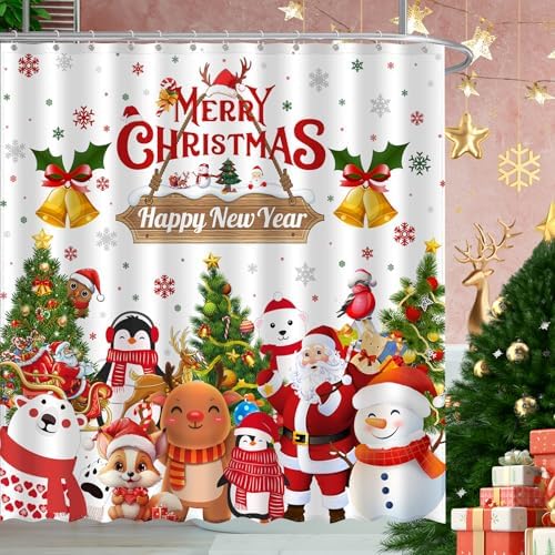 Merry Christmas and Happy New Year Shower Curtain, Santa Claus Snowman Home Bathroom Decor, Polyester Cloth Fabric Bath Curtain with 12 Hooks (72x72 Inches, Christmas White)