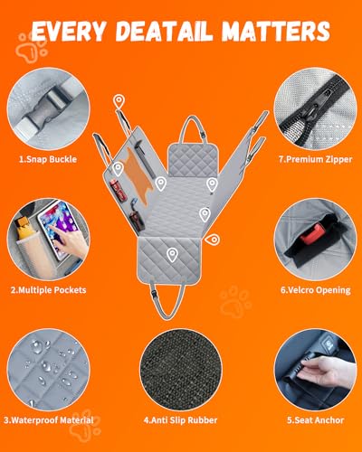 QINGTI Dog Seat Cover for Car Back Seat, SUVs - Zipper Design Seat Protector for Dogs w/Mesh Window & Waterproof – Dog Hammock - Resistant & Scratch-Proof (Dark Gray, for Cars/SUV/Small Truck) — view 5